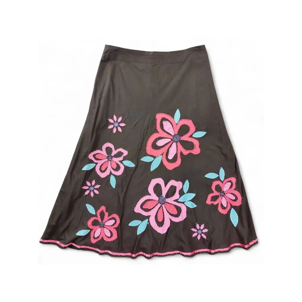 Boden Floral Appliqué A-Line Skirt Brown Pink Retro Cotton Lined Women’s 14